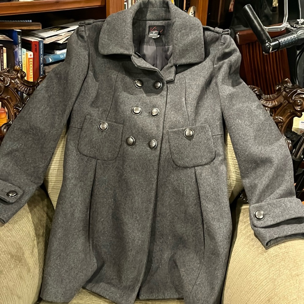 Via Charcoal Gray Wool Blend Double Breasted Pea Coat